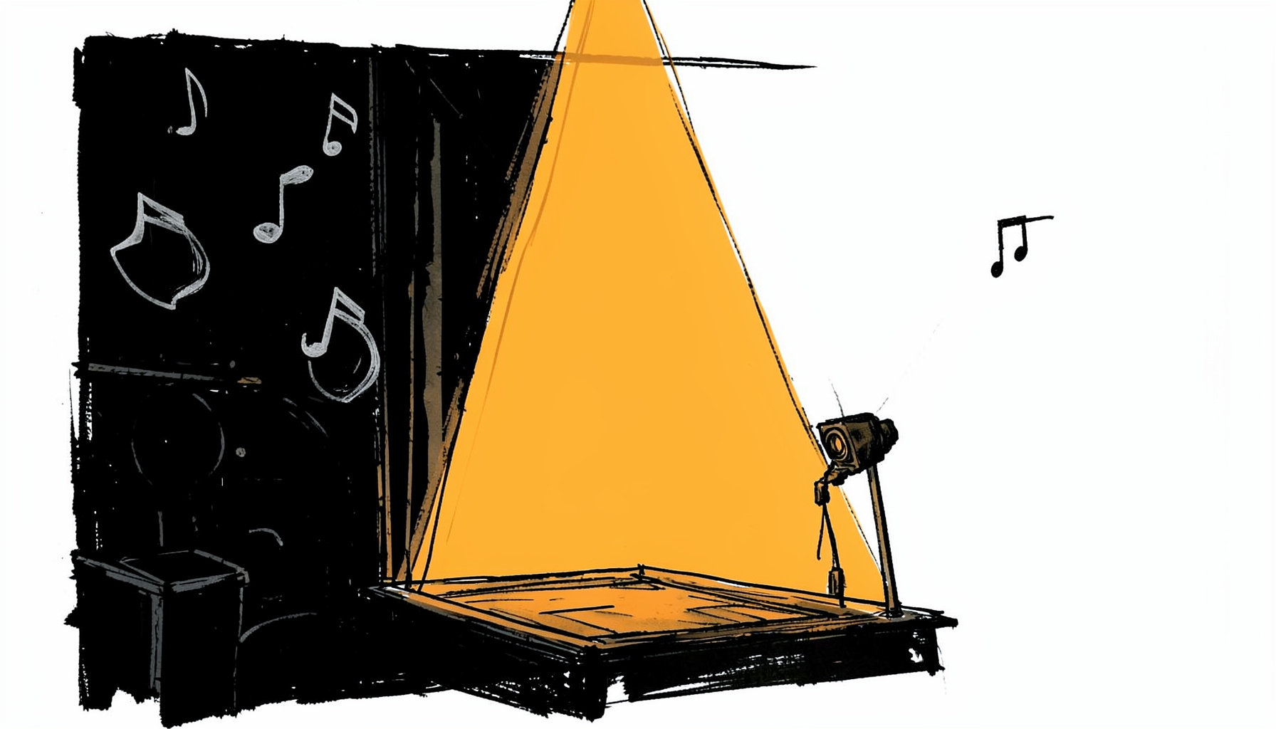 A hand-drawn ink illustration of a stage spotlight casting warm amber light across a dark theater, with subtle musical notes and a camera lens silhouette in the background
