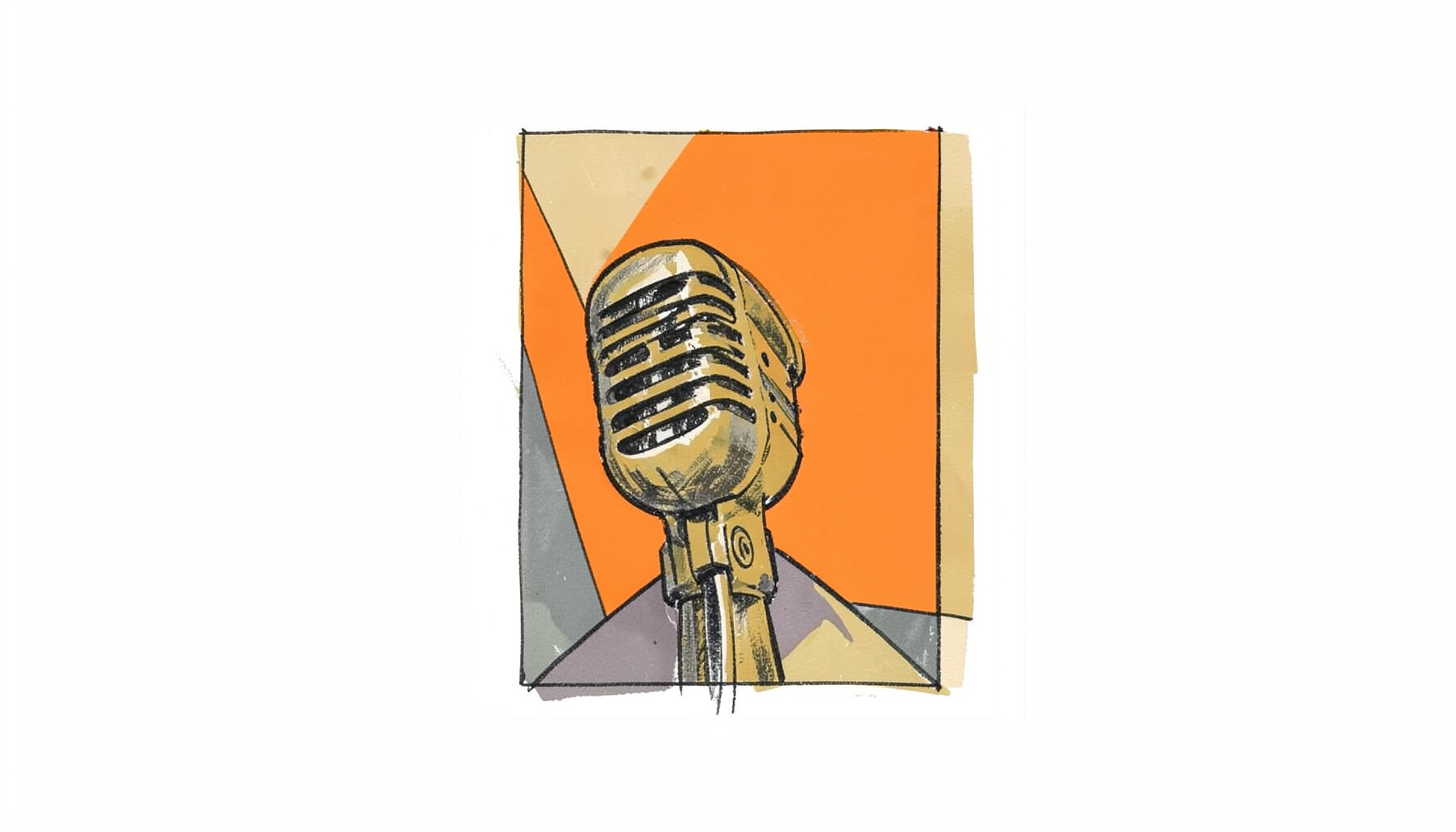 Hand-drawn ink illustration of a magazine cover with layered geometric shapes and a microphone silhouette in muted gold and charcoal