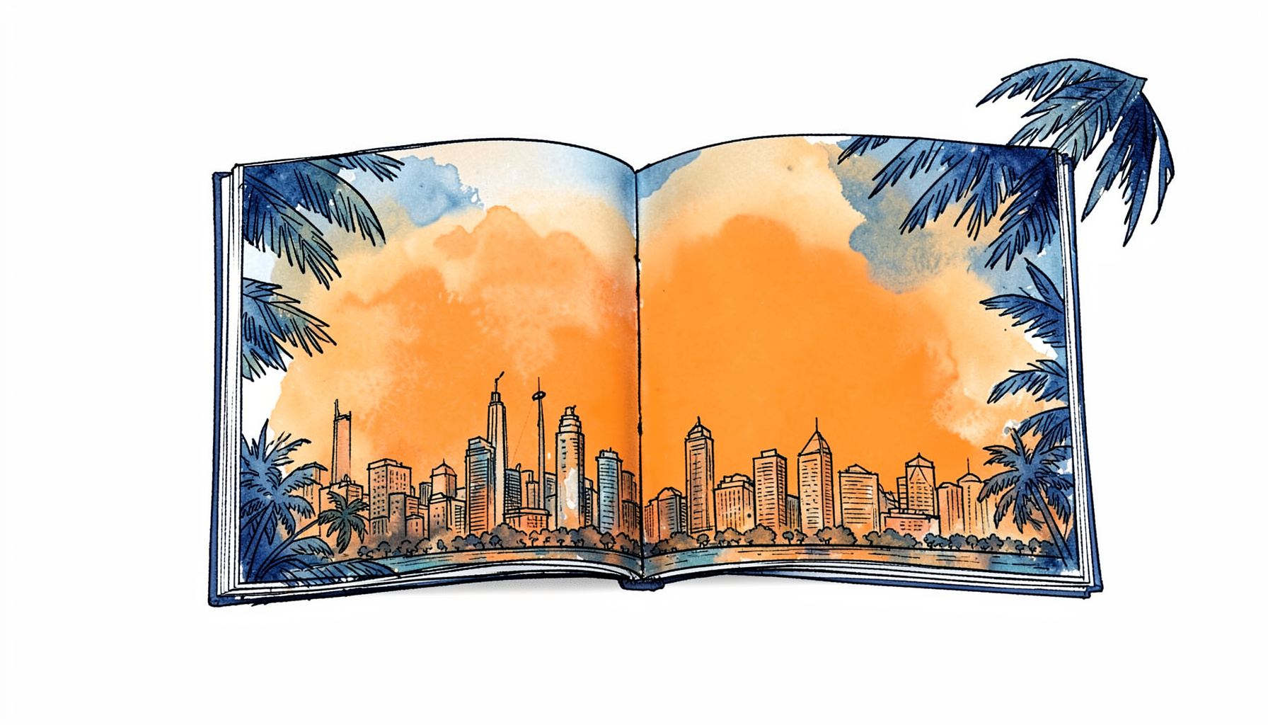 A hand-drawn ink illustration of a magazine spread floating open above a stylized Miami skyline, with palm fronds framing the edges and soft washes of deep blue and warm amber