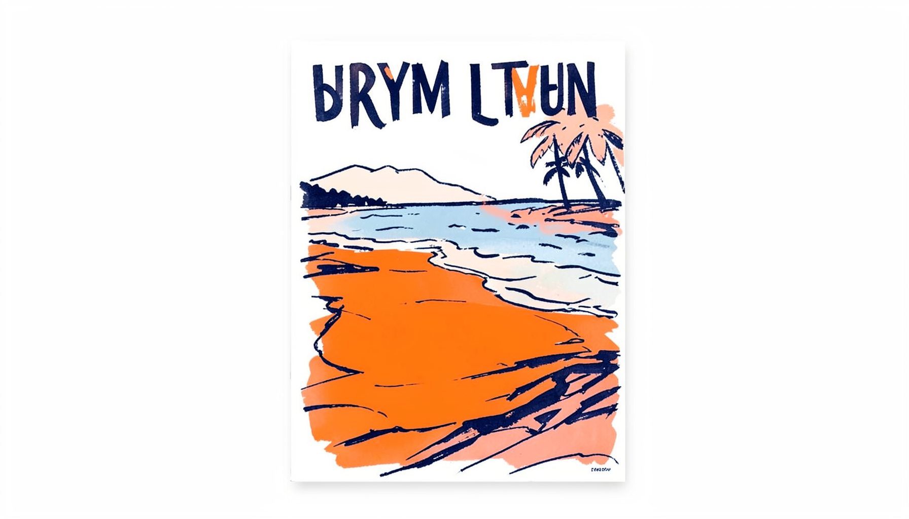 Hand-drawn ink illustration of a magazine cover with bold typography and abstract Miami beach motifs in warm coral and deep navy tones