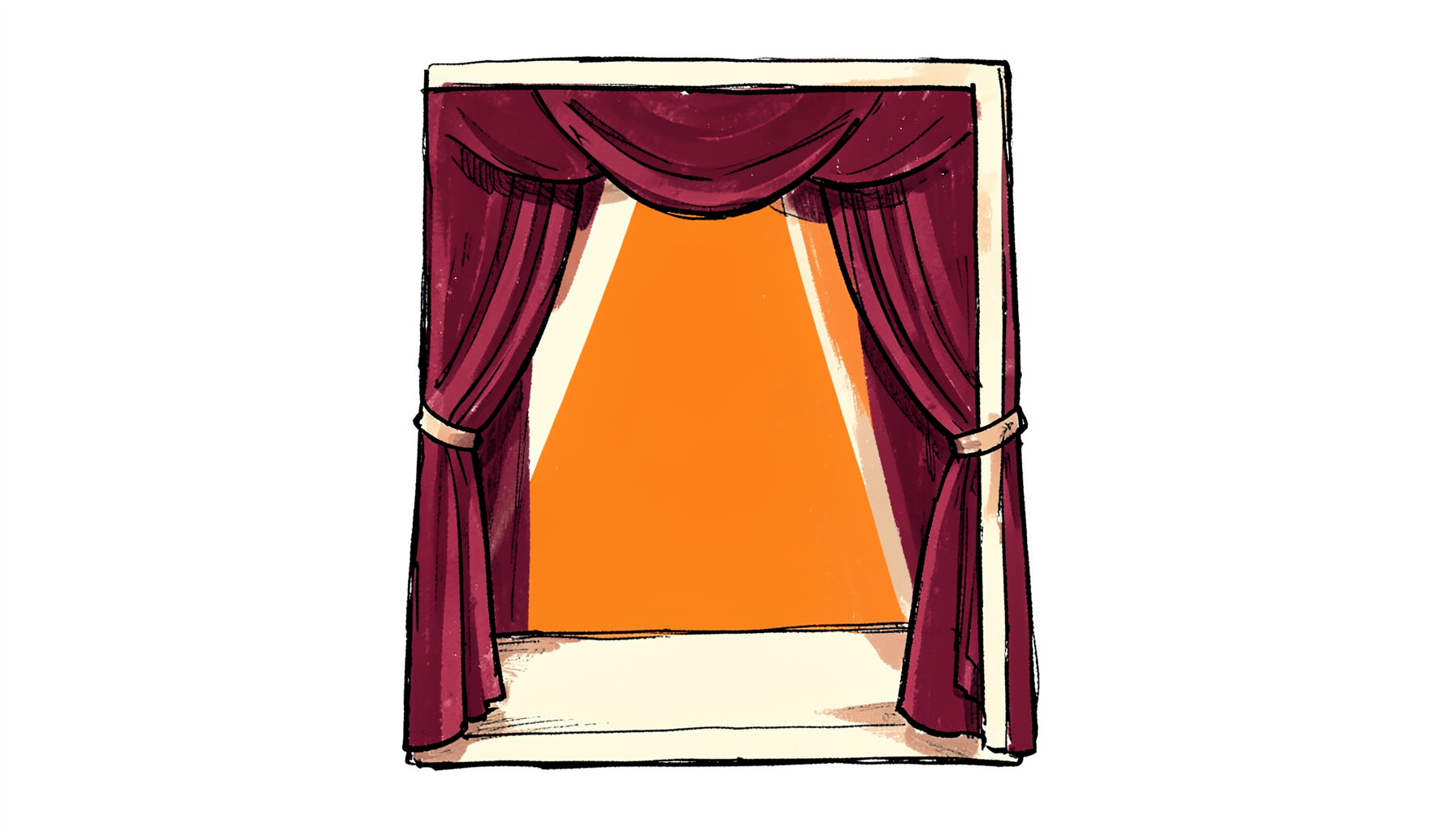Hand-drawn ink illustration of a magazine cover with a theater curtain motif and spotlight beams in rich burgundy and cream