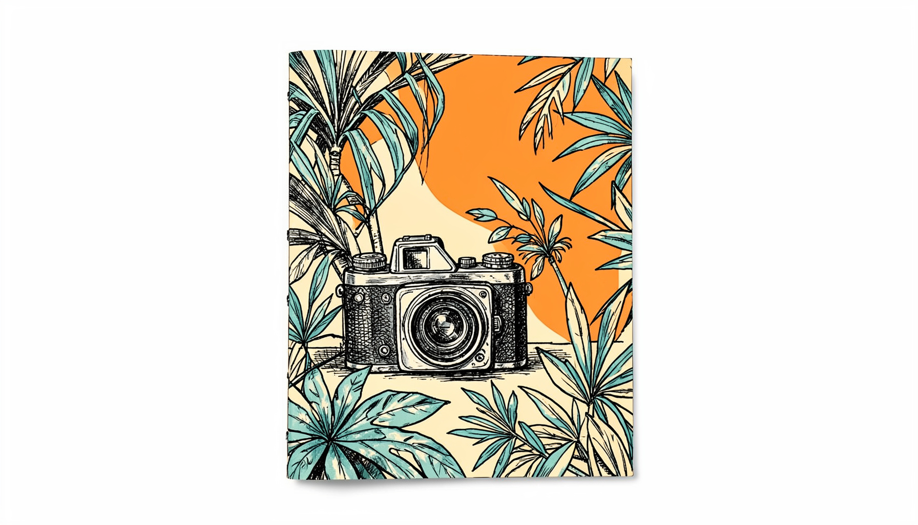 Hand-drawn ink illustration of a magazine cover with a vintage film camera and tropical foliage in sepia and teal