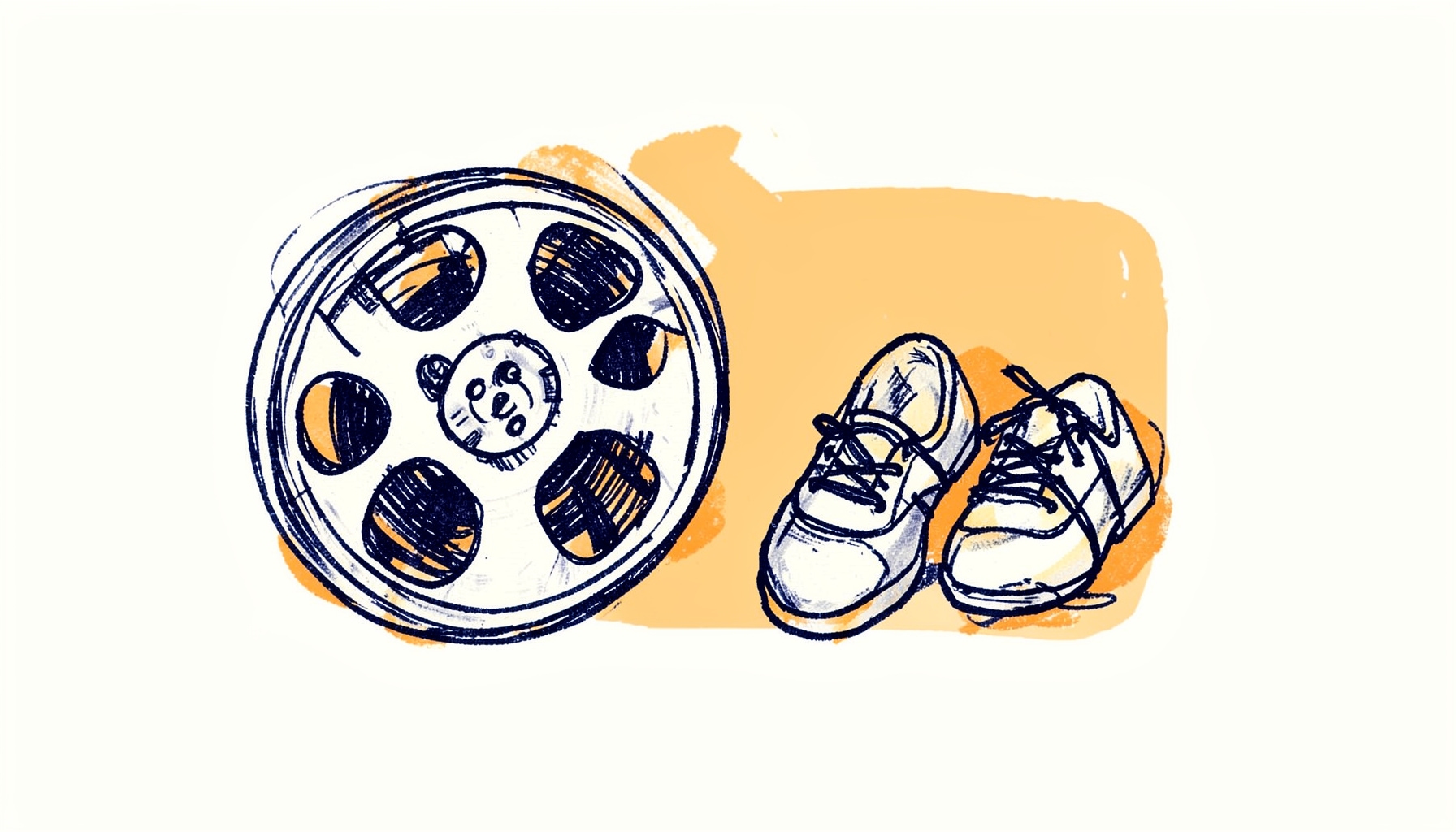 Hand-drawn ink illustration of a film reel and dance shoes side by side, rendered in deep navy ink with warm amber accents on cream paper