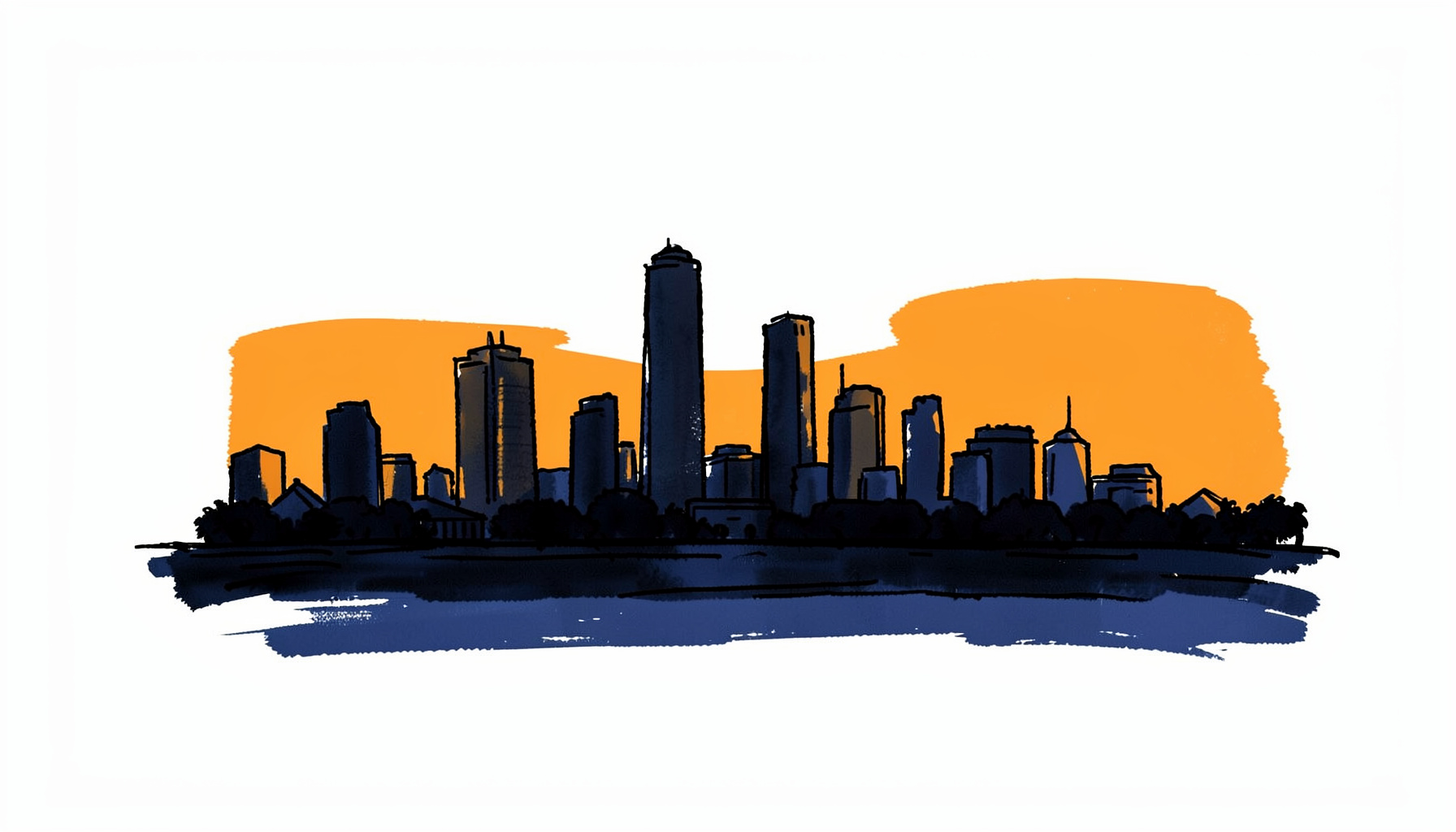 Hand-drawn ink illustration of a Miami skyline silhouette at dusk, with warm amber highlights and deep blue shadows