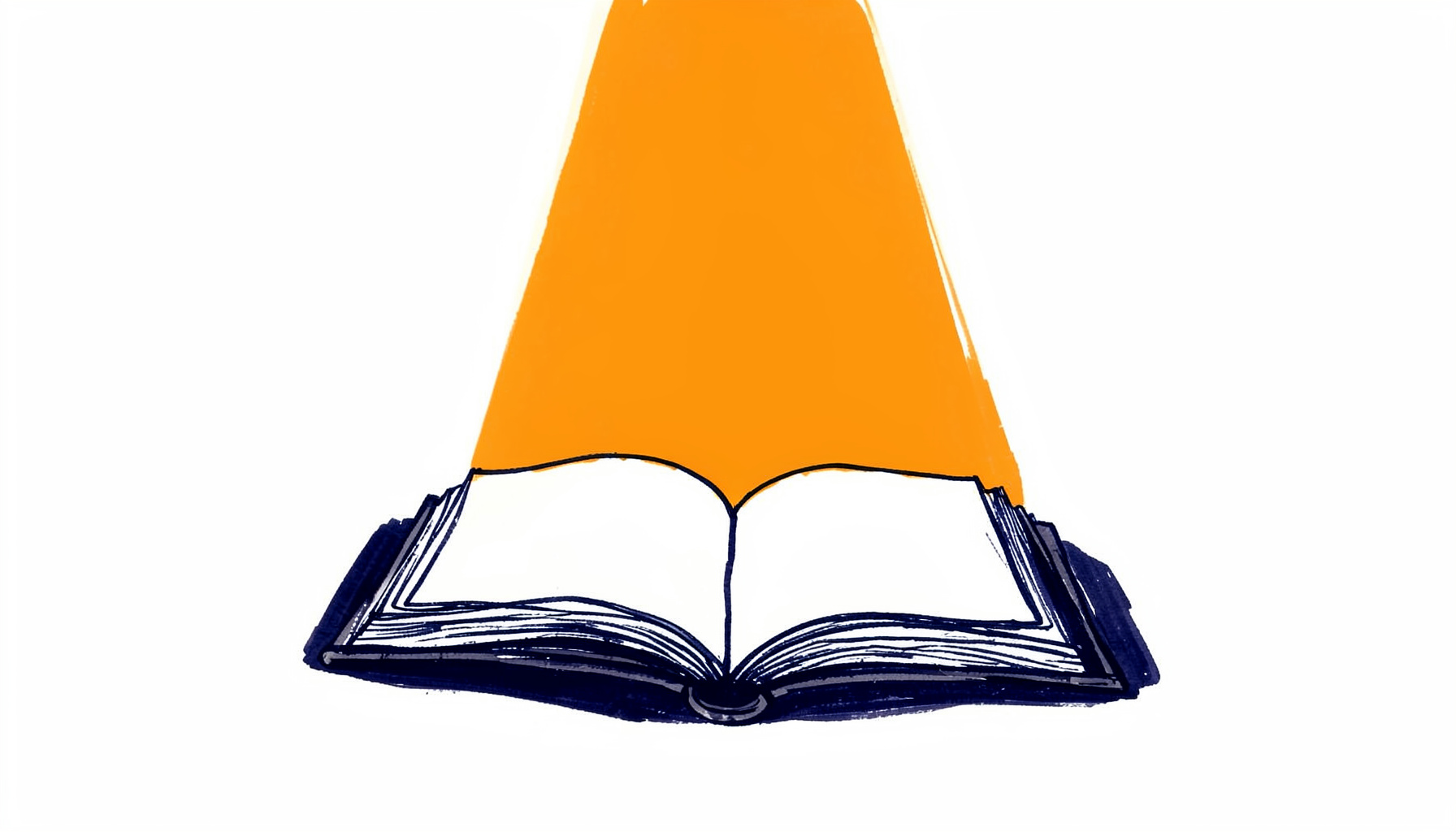 Hand-drawn ink illustration of a stage spotlight casting warm amber light onto an open magazine page, with deep navy surrounding shadows