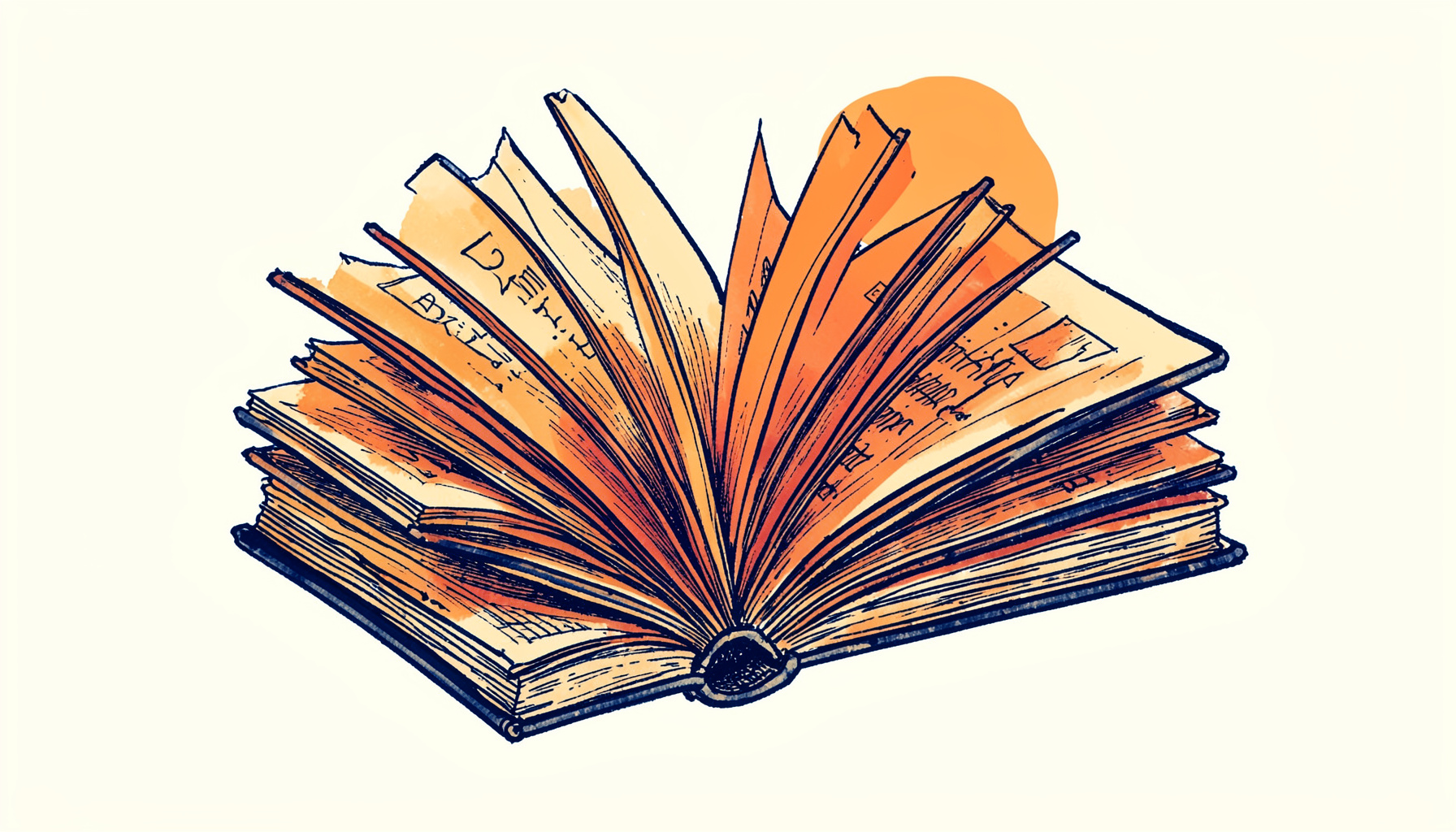 A hand-drawn ink illustration of stacked vintage magazines and open pages fanning outward, with warm amber and deep navy tones against a soft cream background