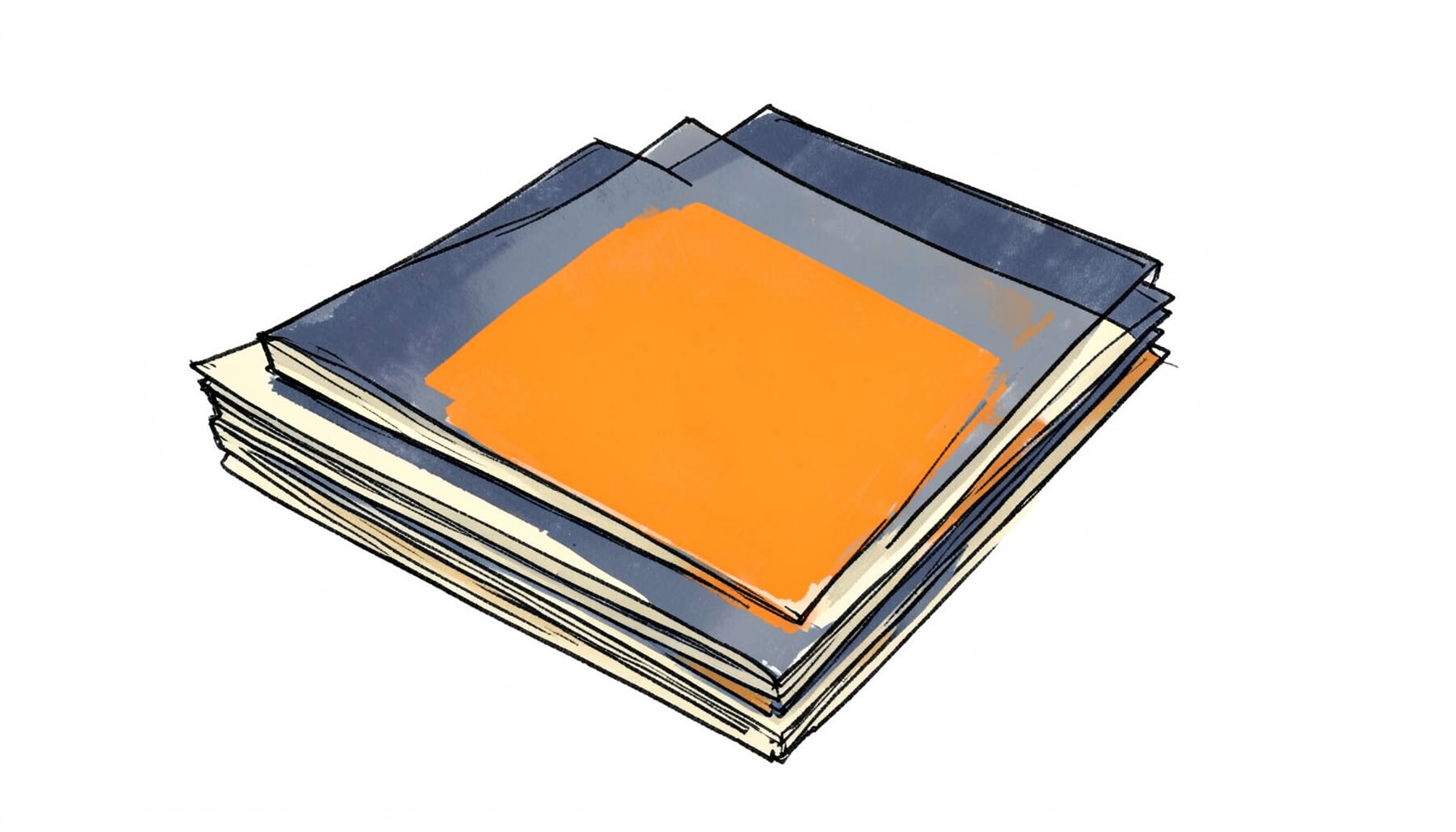 Hand-drawn ink illustration of layered magazine covers stacked diagonally, with muted navy and warm cream tones