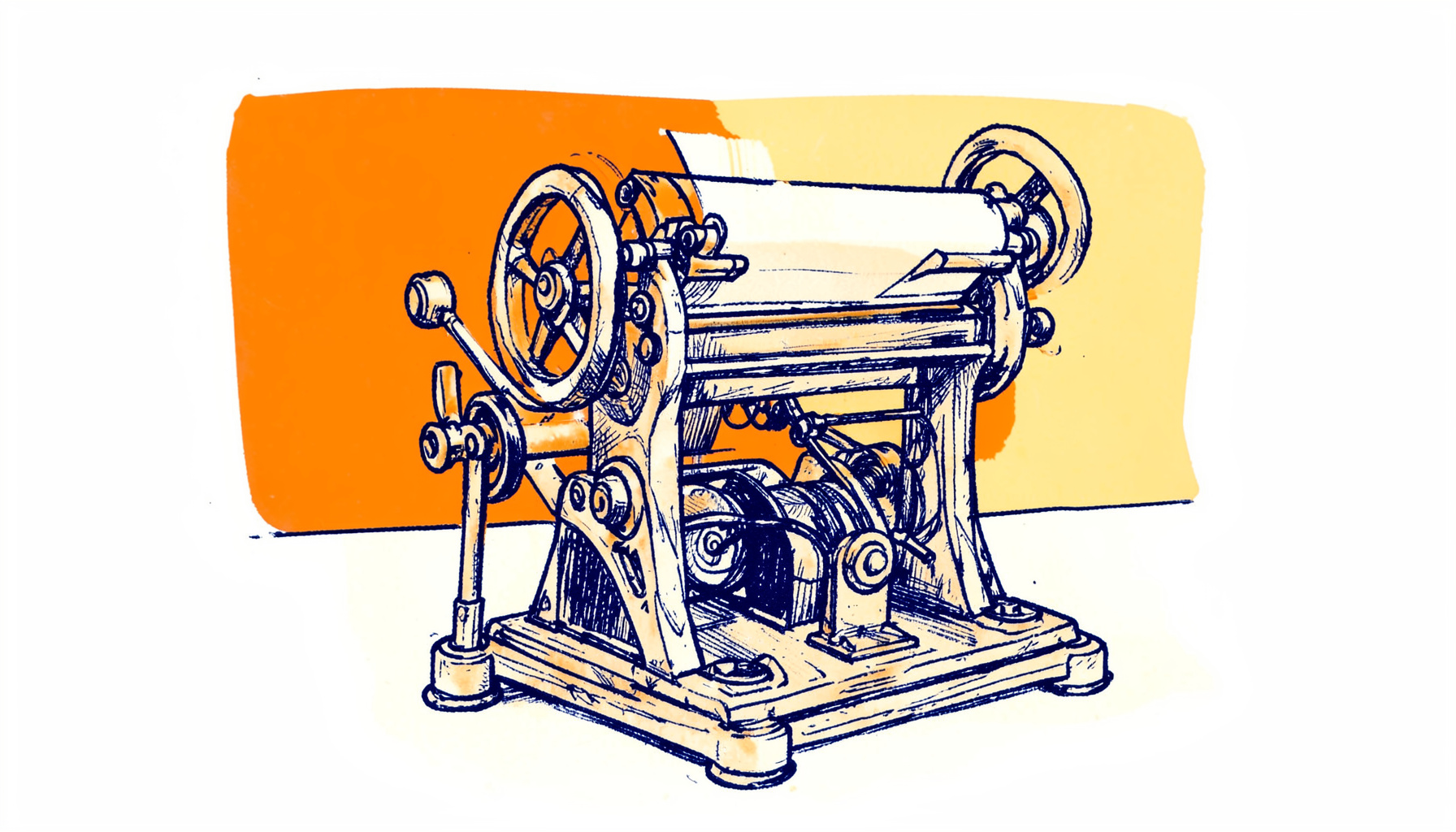 Hand-drawn ink illustration of a vintage printing press detail, with deep navy ink lines and warm amber highlights on cream-toned paper