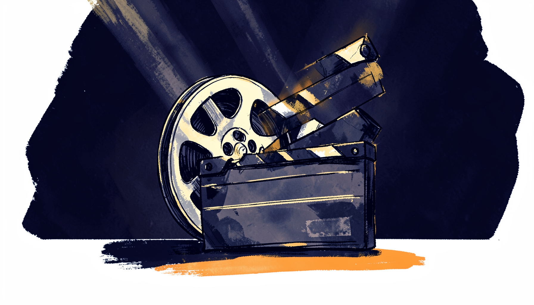 A hand-drawn ink illustration of a film reel and clapperboard against a dark background with subtle spotlight beams, in deep navy and warm gold