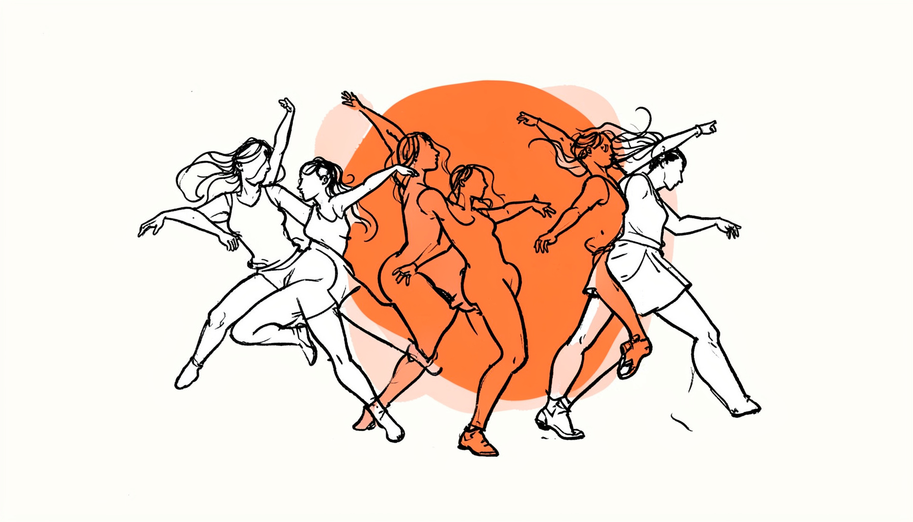 A hand-drawn ink illustration of dancers in motion with flowing lines and rhythmic shapes, set against a soft cream background with coral accents