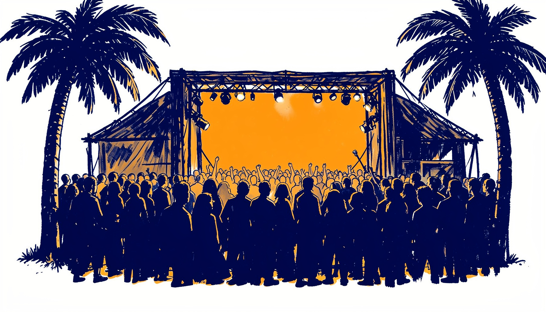 A hand-drawn ink illustration of a lively festival scene with stage lights, a crowd in silhouette, and palm trees framing the edges, rendered in deep indigo and warm amber tones