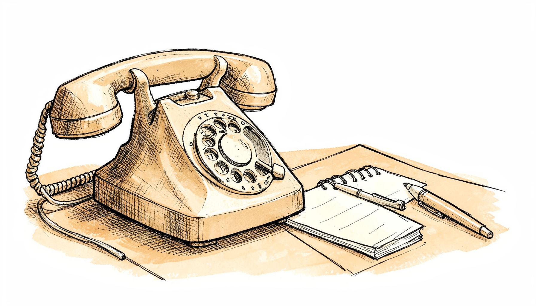 A hand-drawn ink illustration of a vintage rotary telephone resting on a desk beside a notepad and pen, with soft cross-hatched shadows and warm cream paper tones