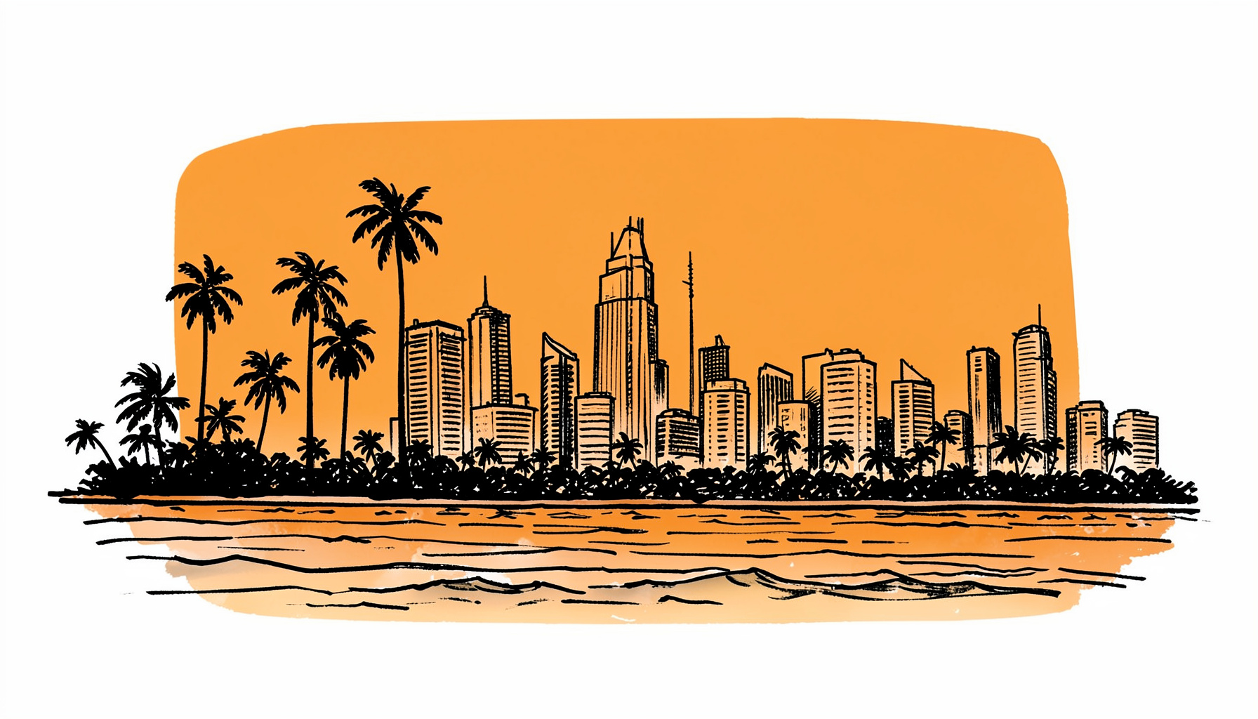 A hand-drawn ink illustration of a Miami skyline at dusk, with palm trees silhouetted against a warm amber sky and gentle ocean waves in the foreground